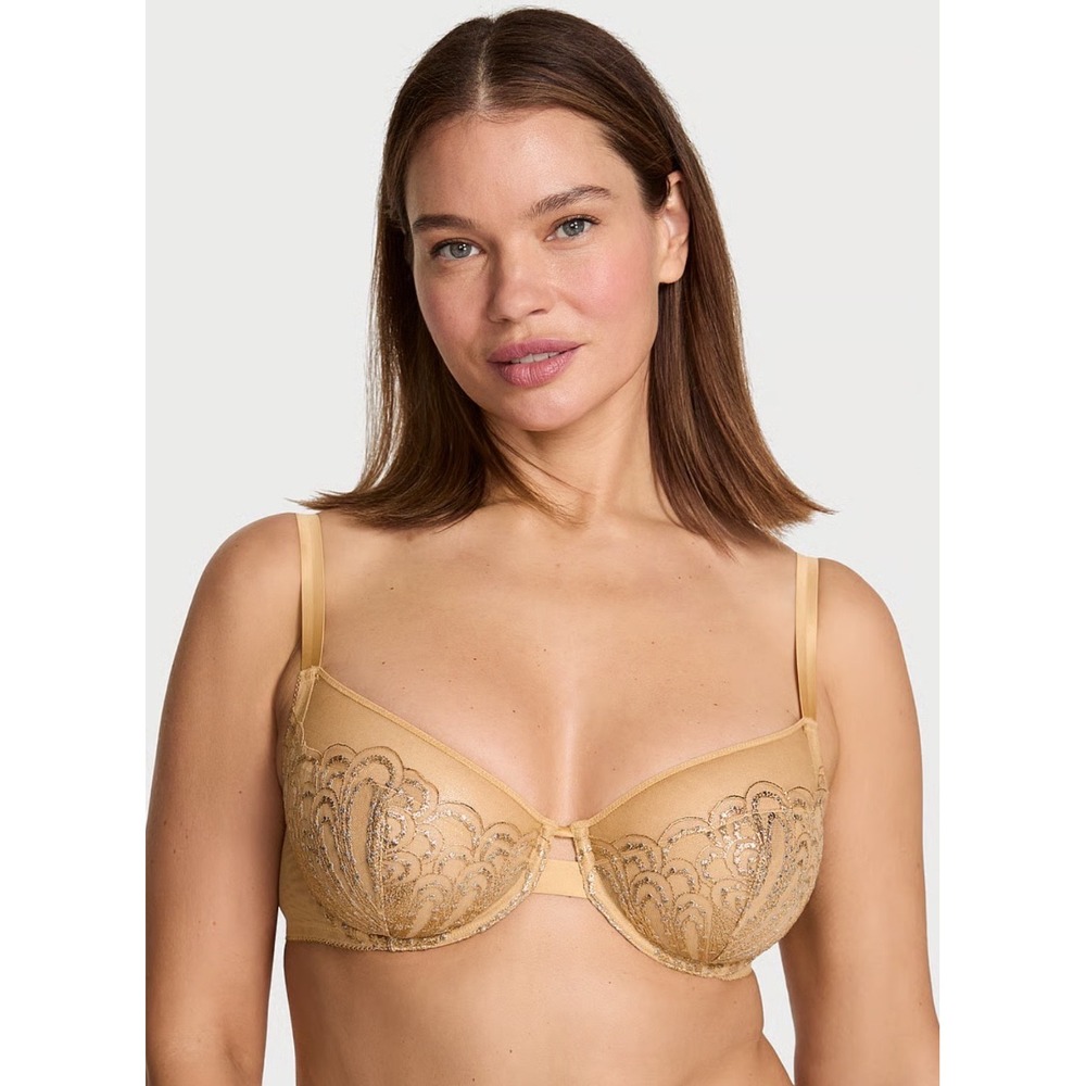 NEW Victoria's Secret Very Sexy Shine Strap Lace Unlined Bra Gold 42DD